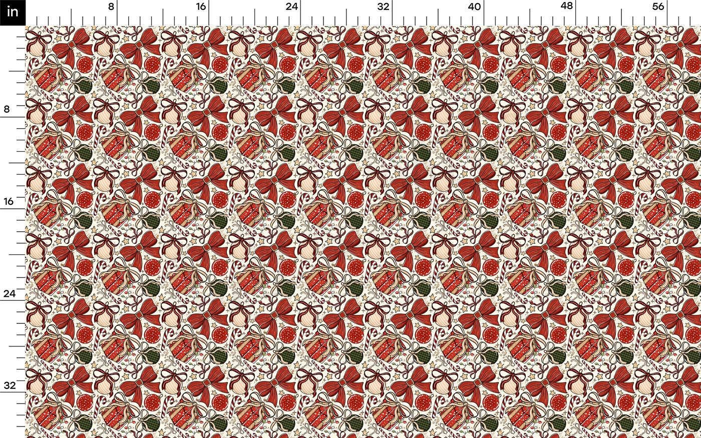 The image is a repeating pattern of red and green Christmas-themed elements, including bows, balls, and other festive decorations.