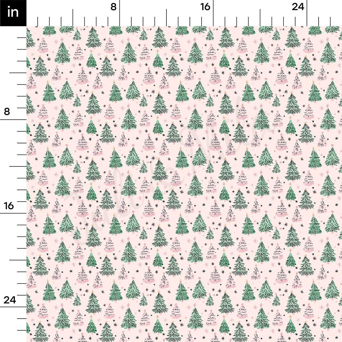 The image is a repeating pattern of green Christmas trees on a pink background, with some scattered stars.