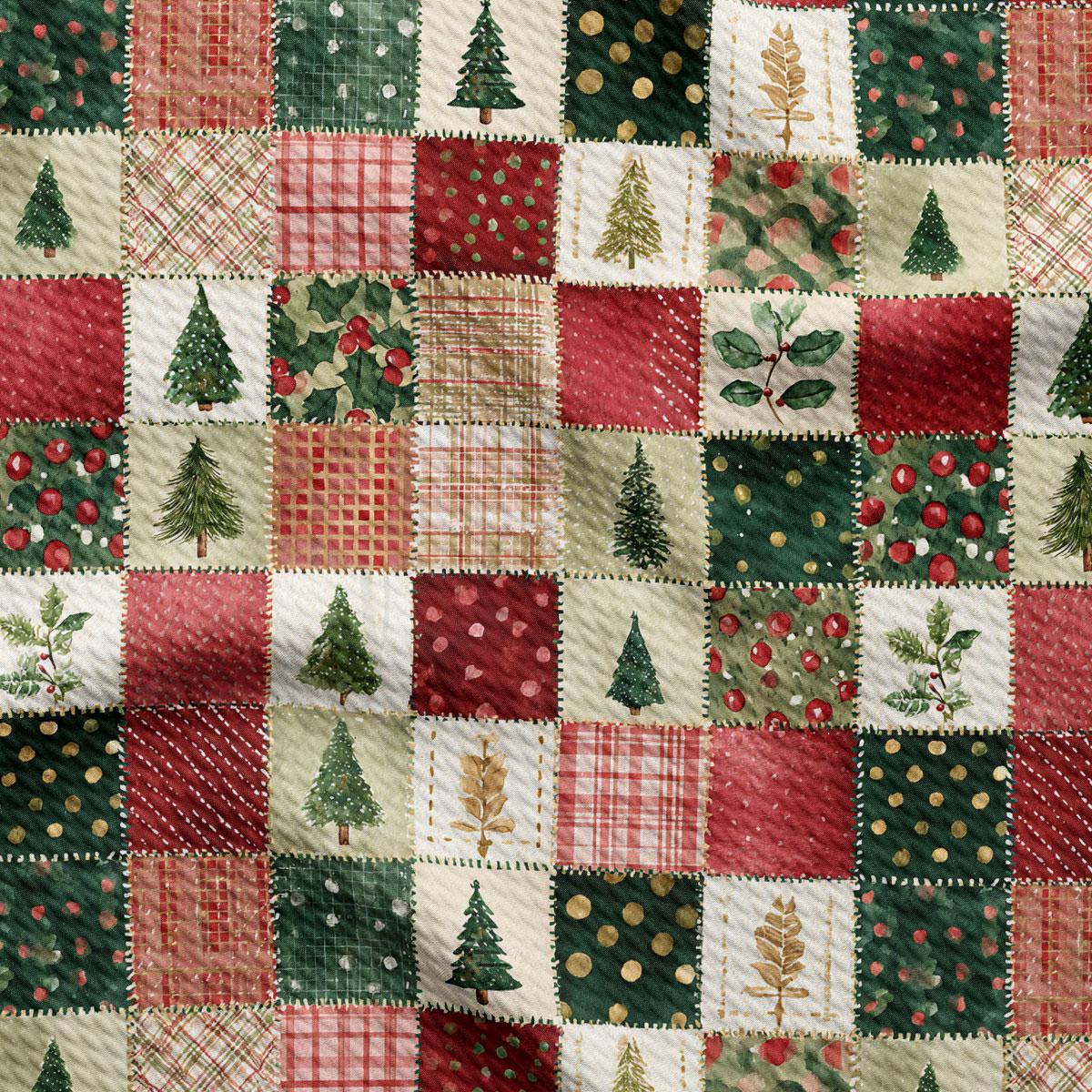 The image is a patchwork quilt with various Christmas-themed patterns and designs, including trees, flowers, and geometric shapes in red, green, and gold colors.