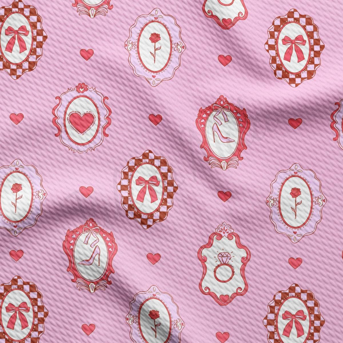 a pink background with a pattern of red and white hearts