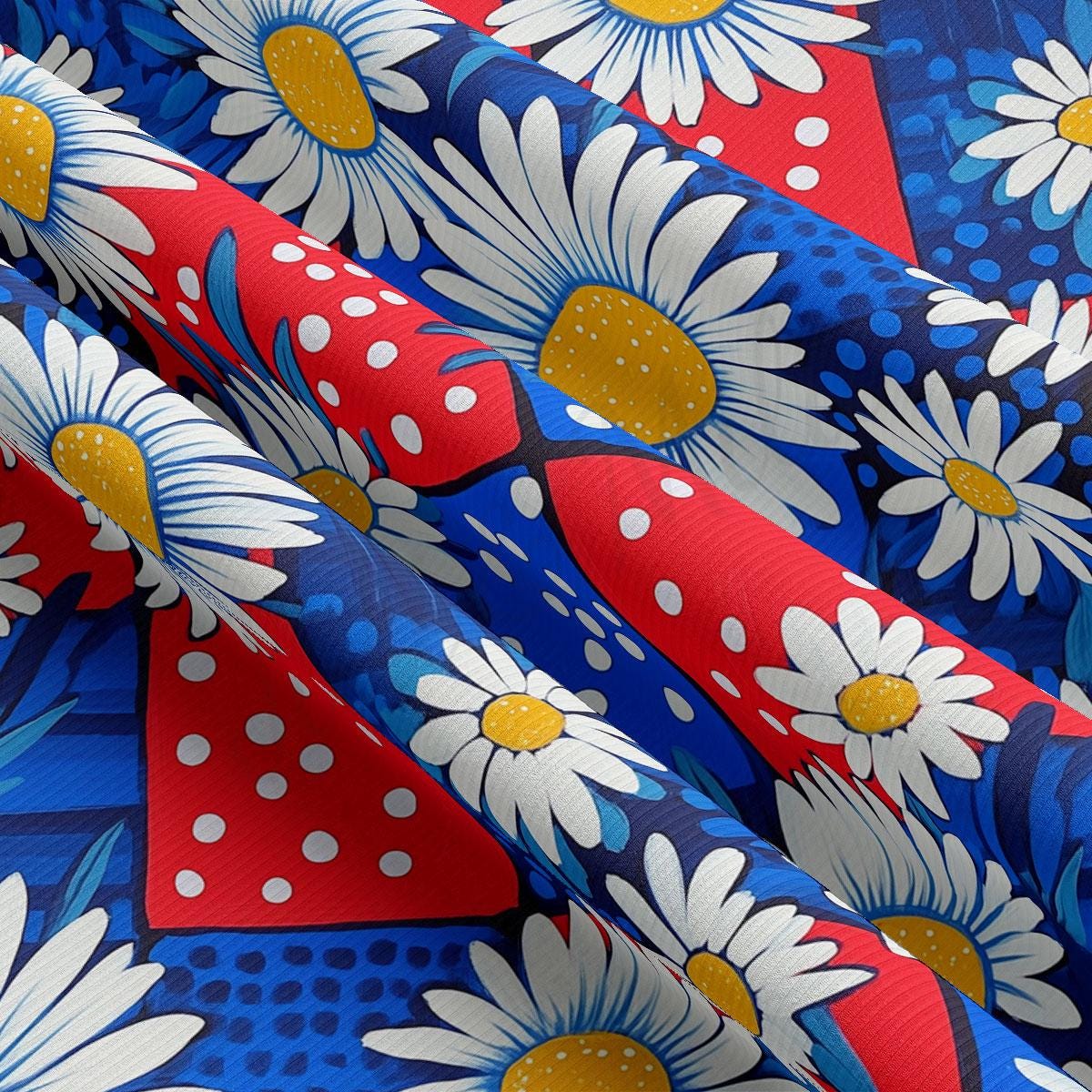 a red, white, and blue tie with daisies on it