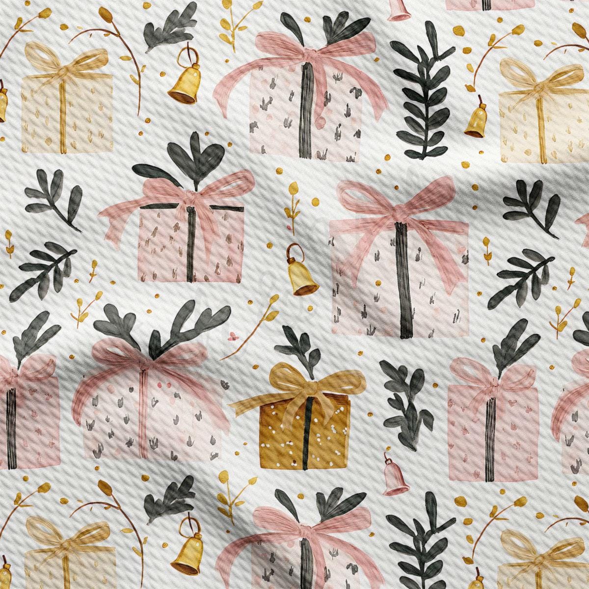 a repeating pattern of pink and gold gift boxes with bows, along with various decorative elements such as leaves, bells, and flowers.
