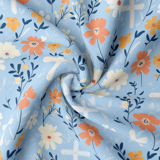 a blue and orange floral print fabric
