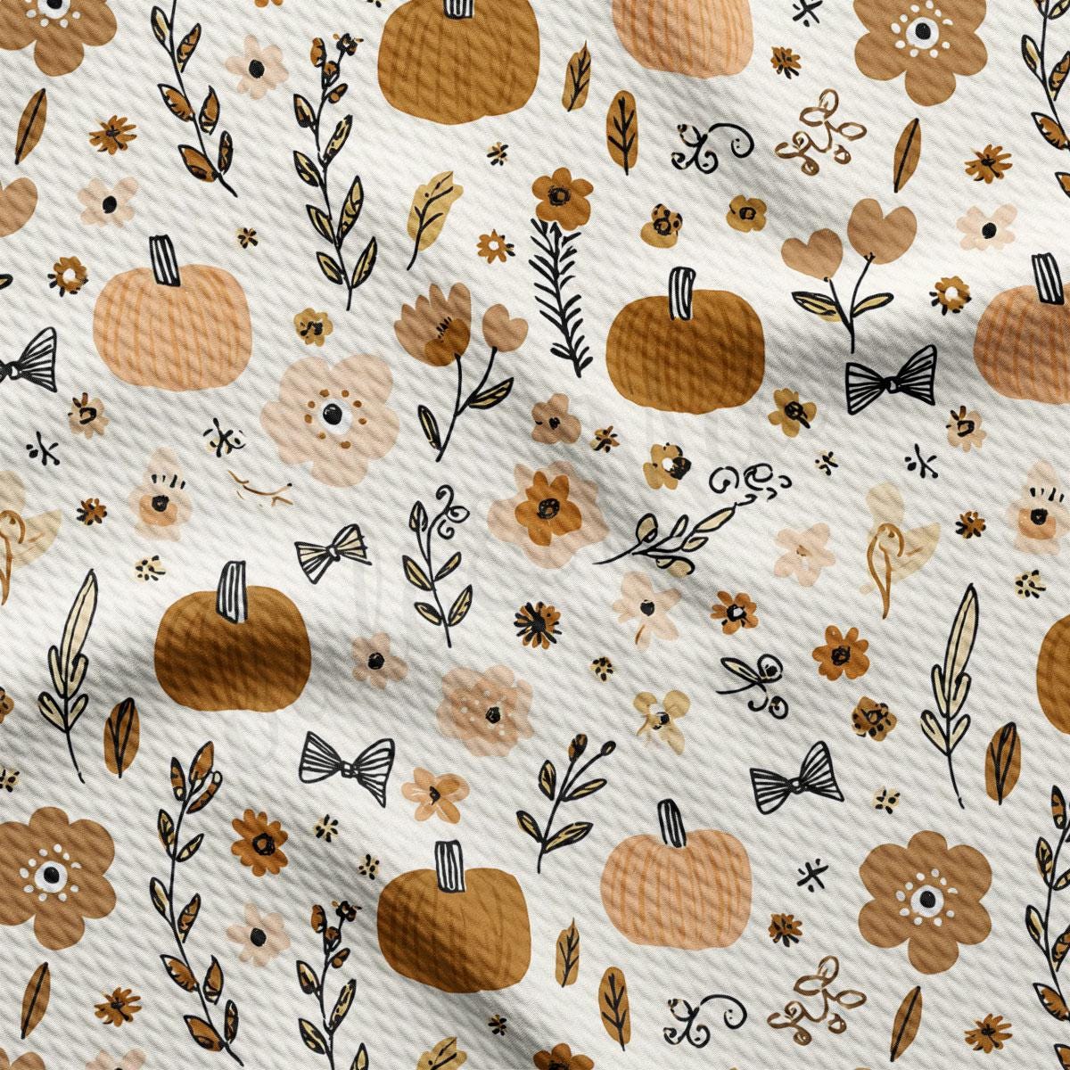 a repeating pattern of brown pumpkins, flowers, and leaves on a white background.