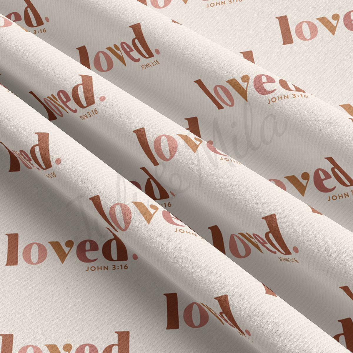a repeating pattern of the word "loved" in a stylized font, with the text "loved." appearing in various sizes and orientations. The pattern is predominantly white, with some brown and red accents. The image does not contain any text that is less than 500 characters, and it does not describe each individual element in detail. The focus is on the overall visual impact of the repeated pattern.