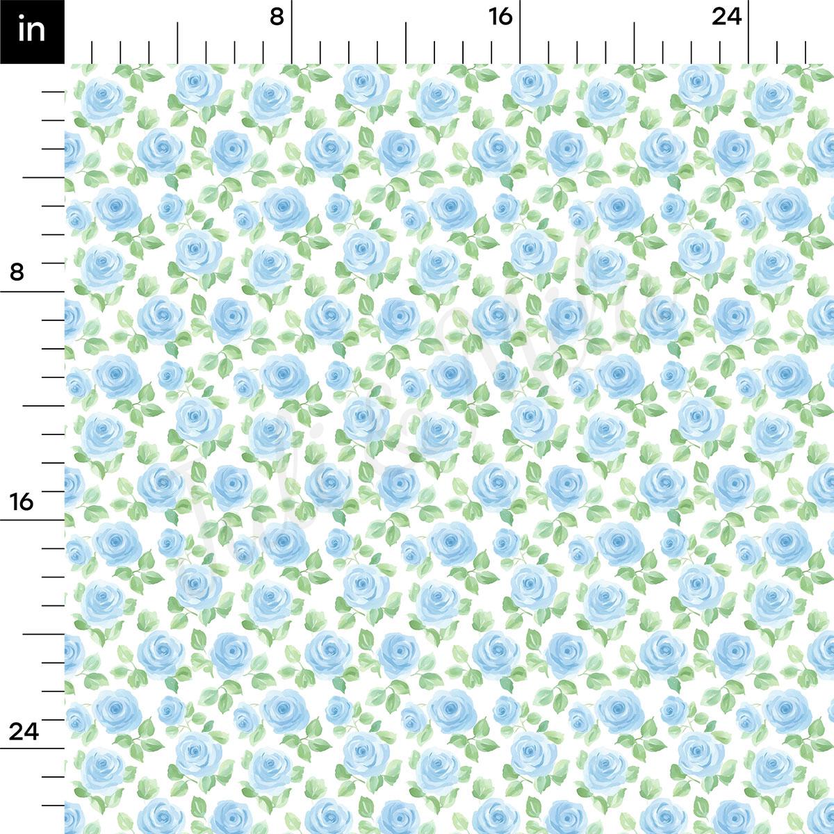a repeating pattern of blue roses and green leaves on a white background.