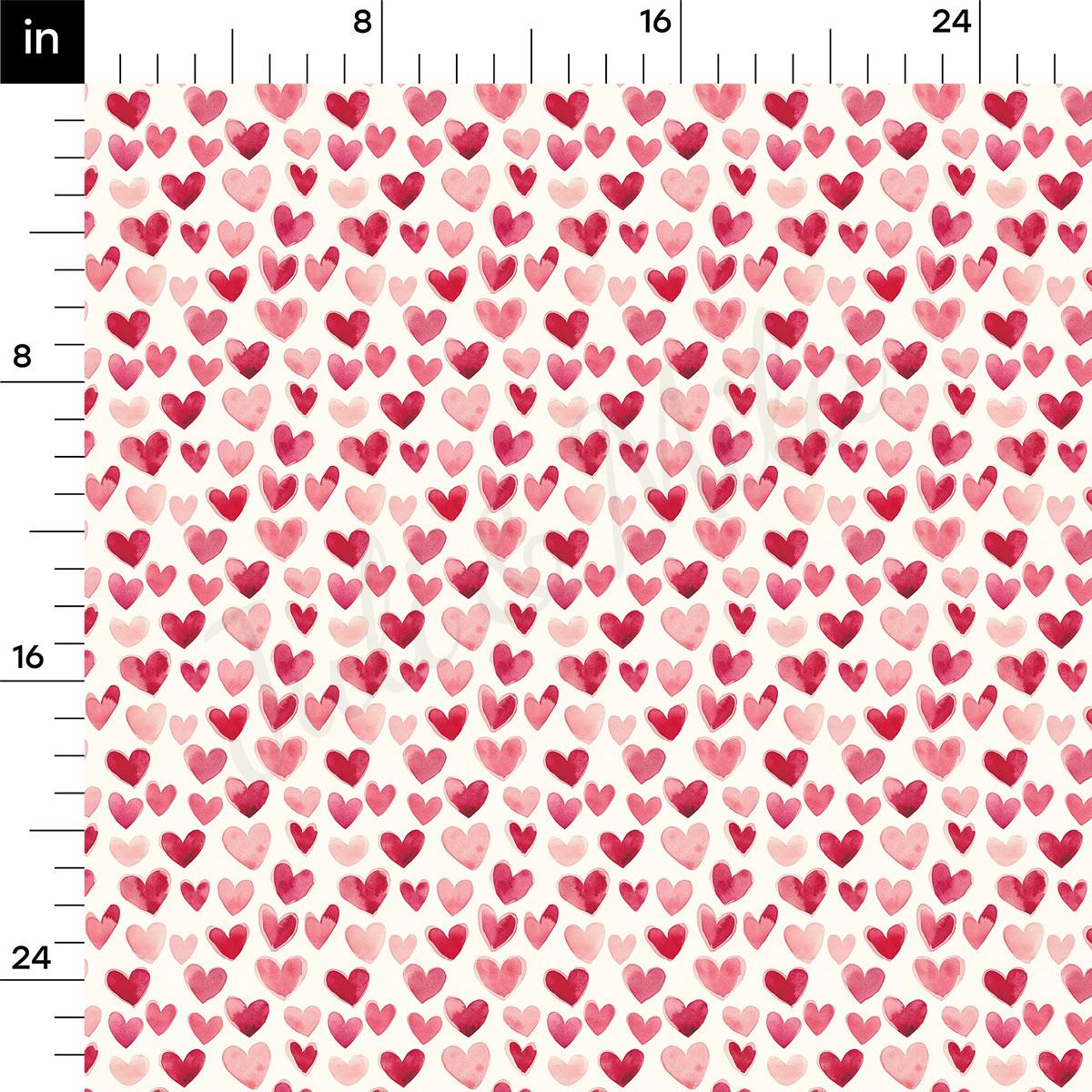 a repeating pattern of pink and red hearts on a white background.