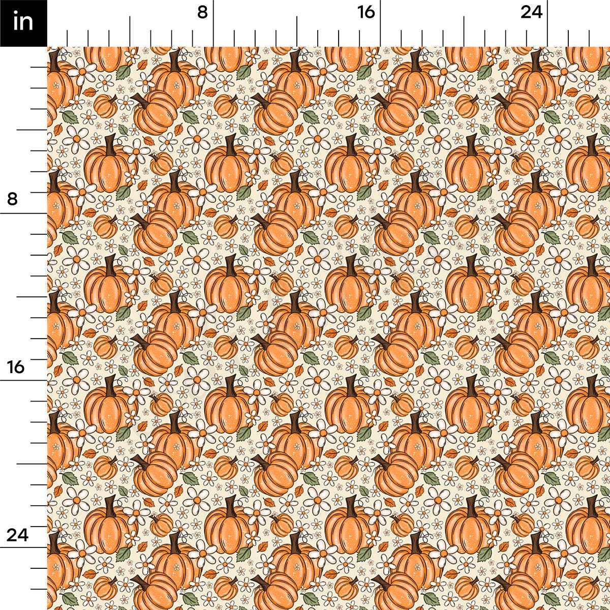 The image is a repeating pattern of orange pumpkins and leaves on a white background.