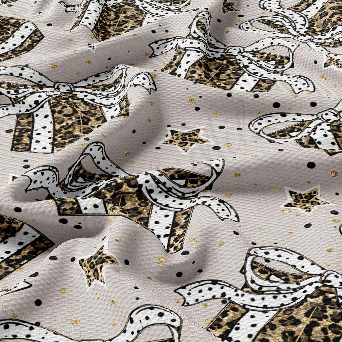 a close-up view of a fabric with a repeating pattern of leopard print and white polka dots, along with small white stars scattered throughout.