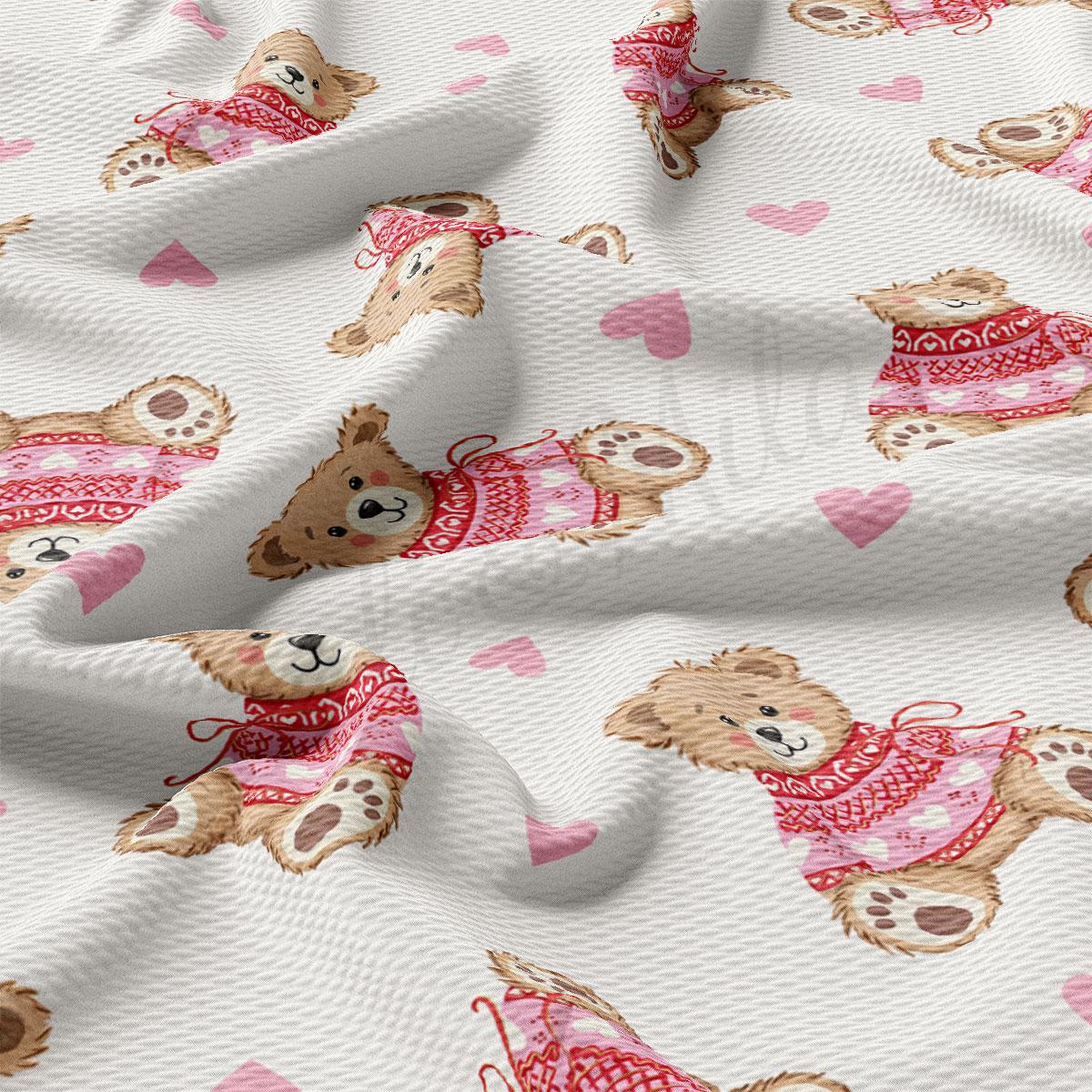 a repeating pattern of teddy bears wearing red sweaters and pink hearts on a white background.