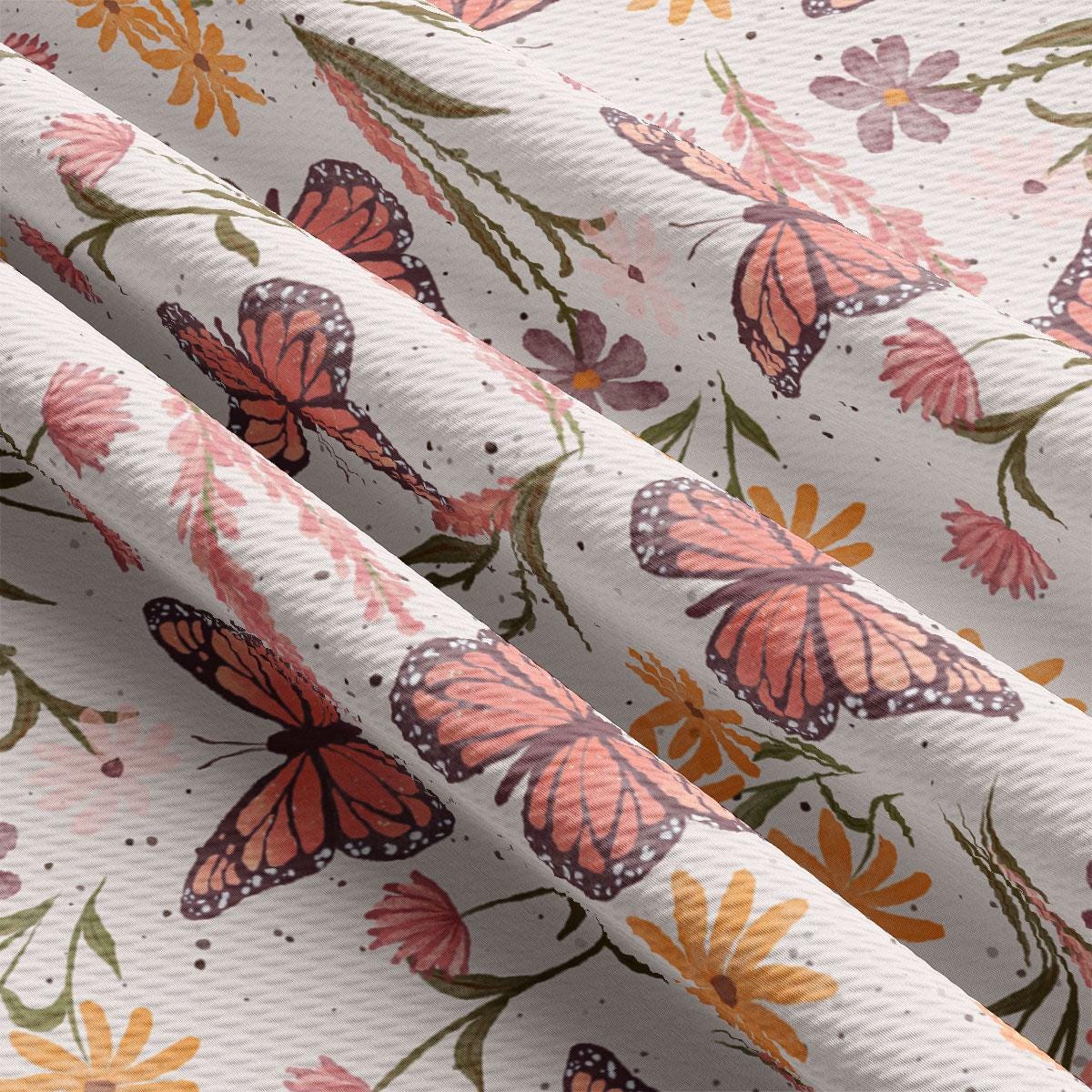 a close up of a butterfly print curtain