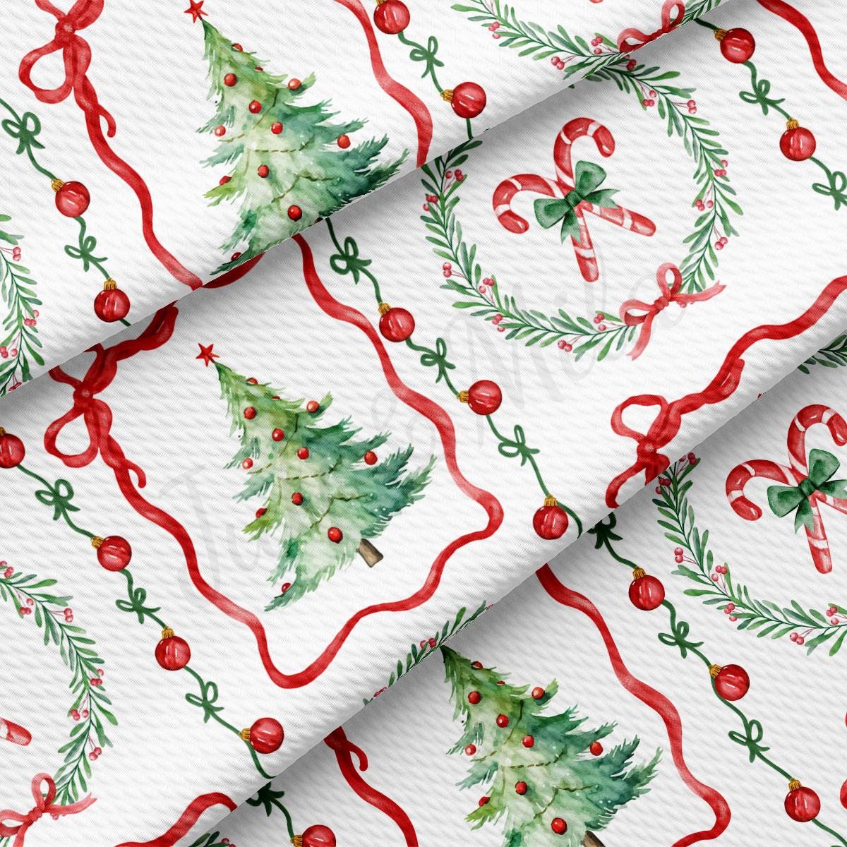 a repeating pattern of Christmas-themed elements, including a Christmas tree, candy canes, and wreaths, all rendered in a festive color scheme of red and green.