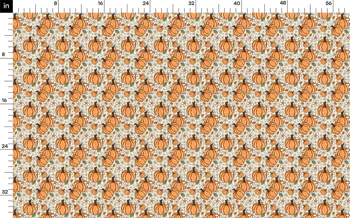 The image is a repeating pattern of orange pumpkins on a beige background, creating a festive and autumnal design.