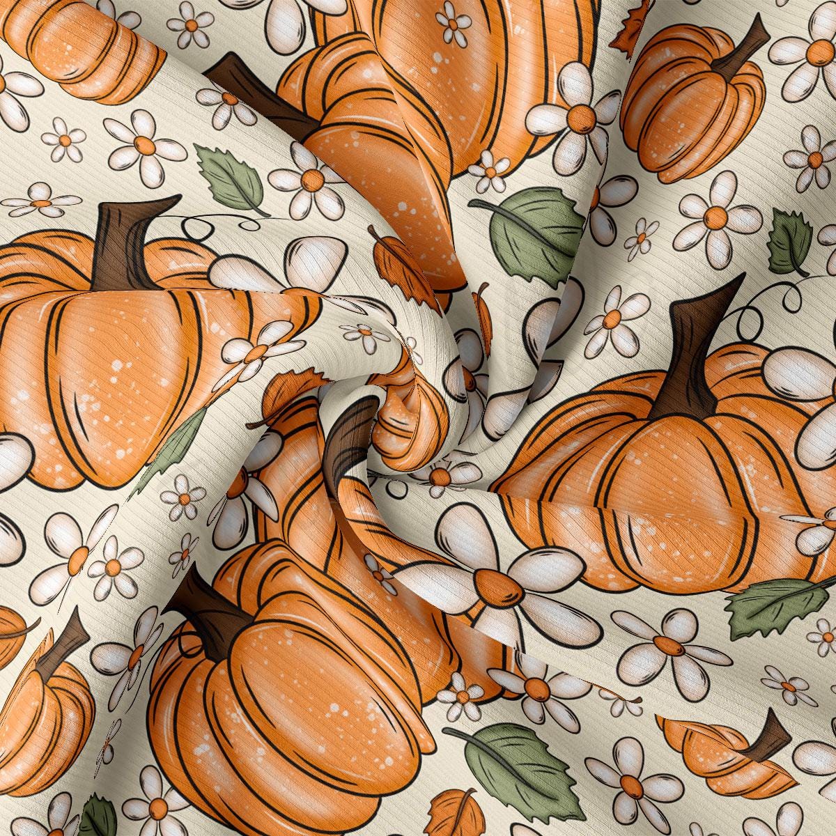 a repeating pattern of orange pumpkins and white flowers on a beige background.