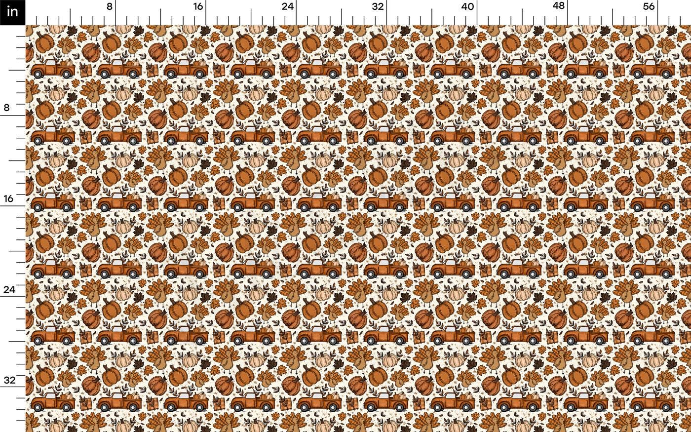 a repeating pattern of orange cars and autumn leaves on a white background.