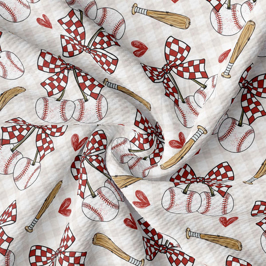 a repeating pattern of baseball-related objects, including baseballs, bats, and checkered flags, all set against a white background.