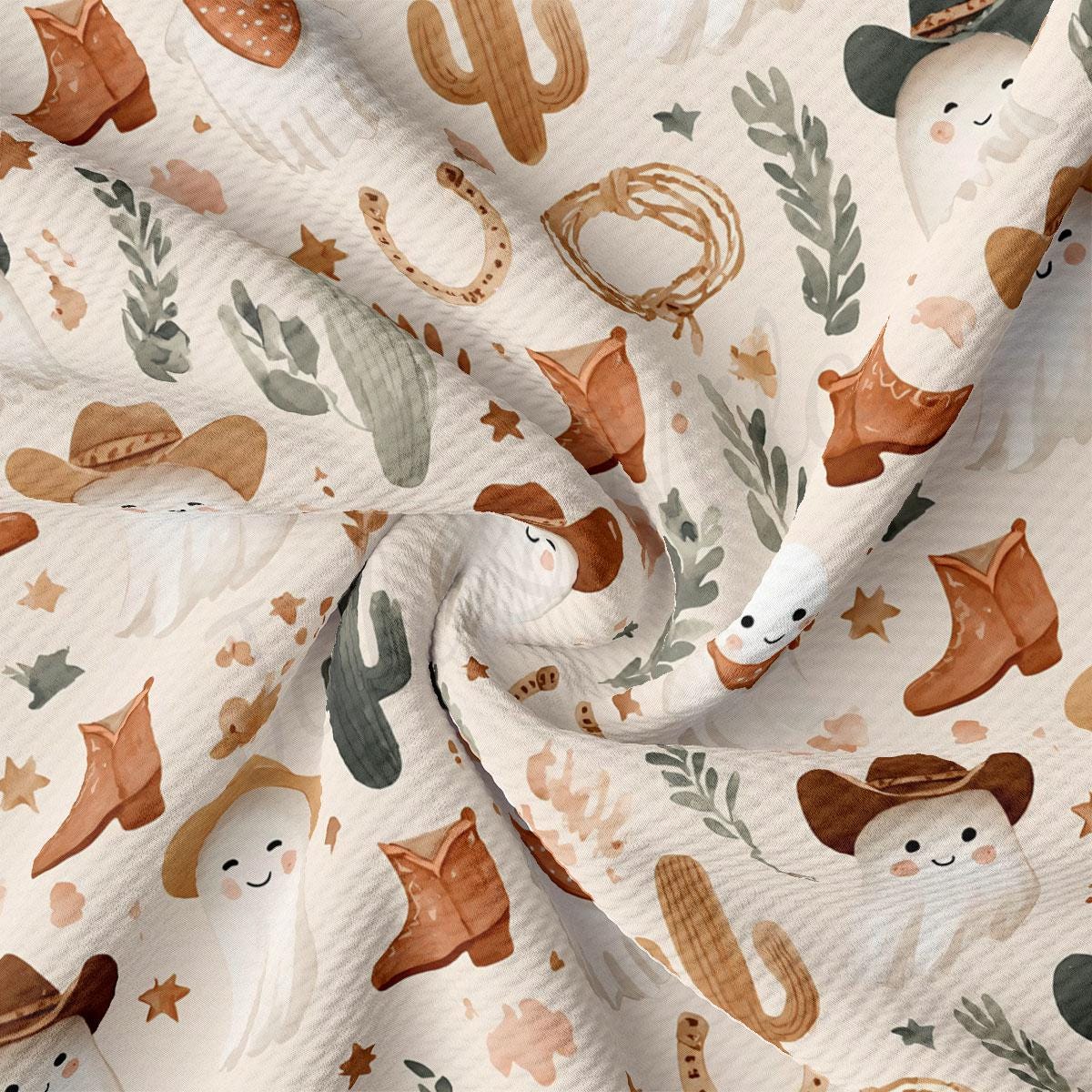 The image is a close-up of a fabric with a repeating pattern of cowboy-themed illustrations, including cacti, horses, boots, and stars.
