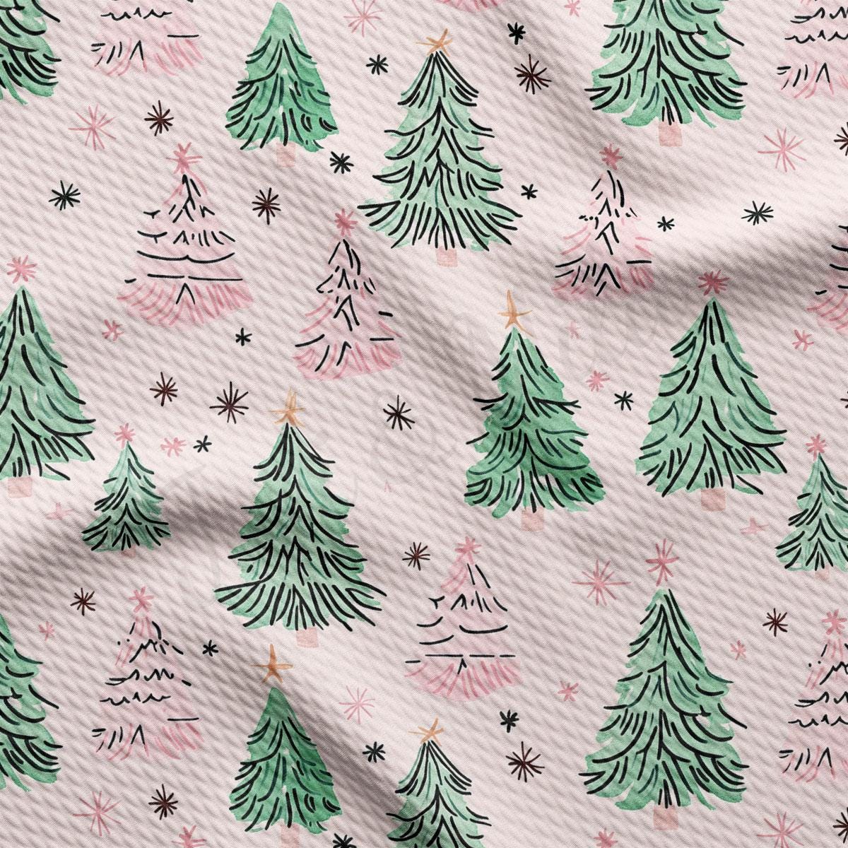 a repeating pattern of stylized Christmas trees in shades of green and pink, with small white stars scattered throughout the background.