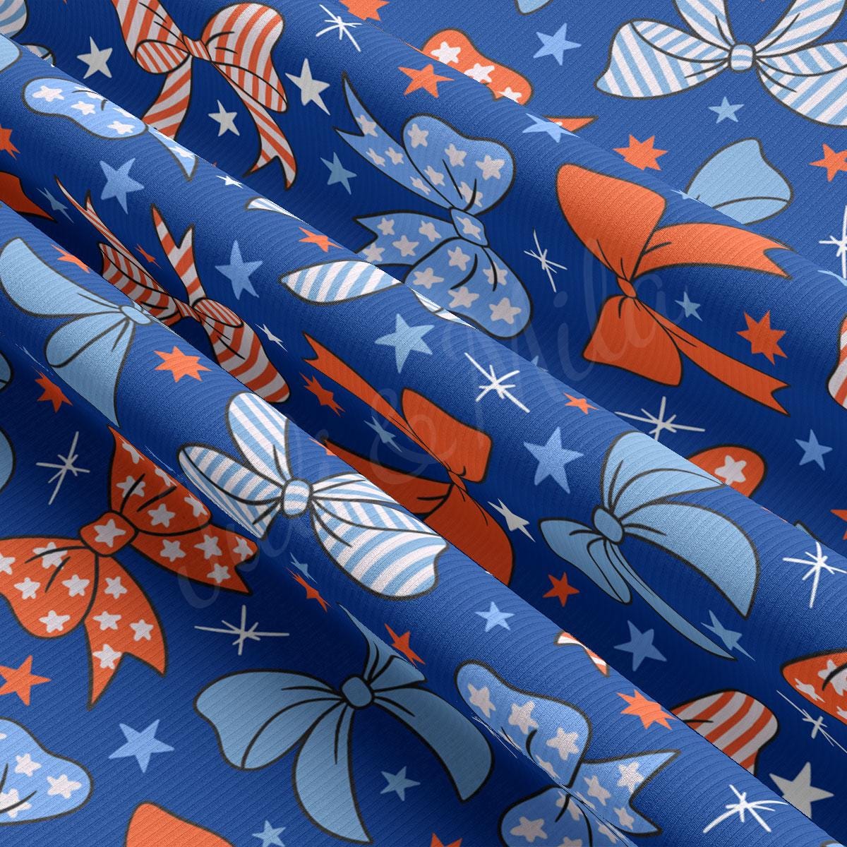 a blue background with red, white and blue bows