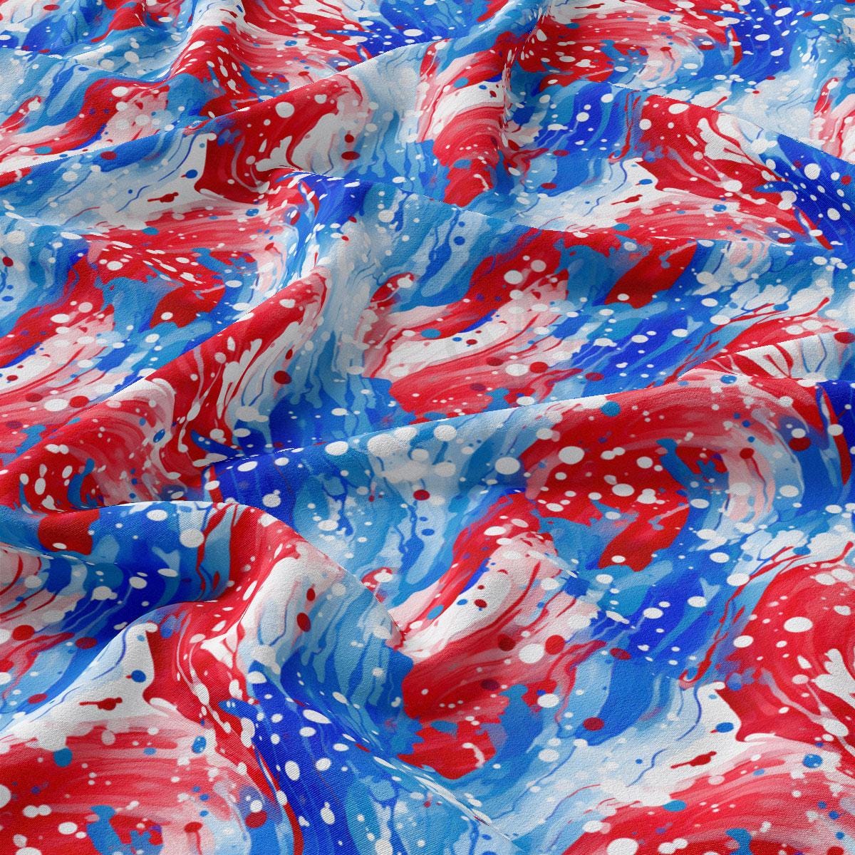 a red, white, and blue fabric with white spots