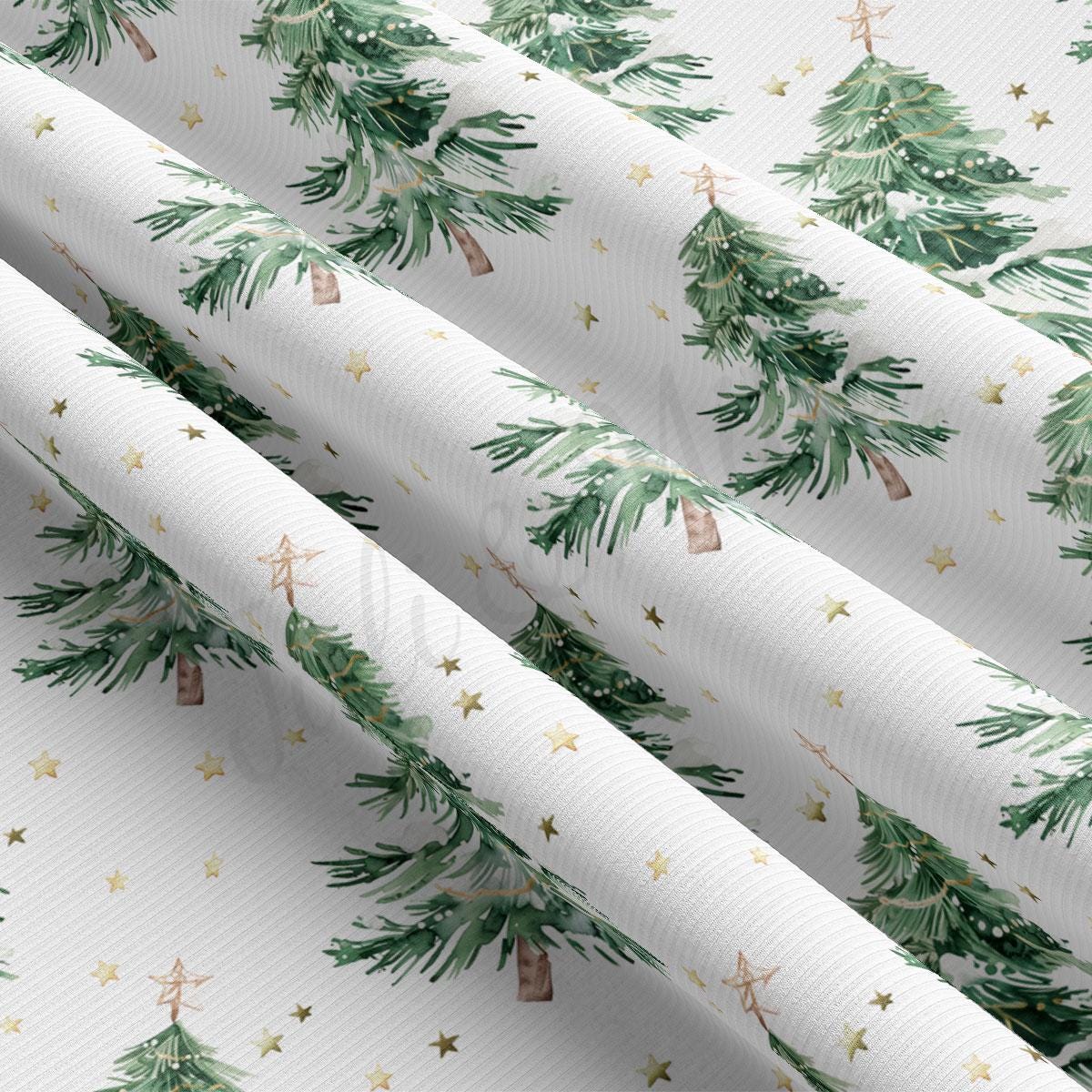 a repeating pattern of green Christmas trees with gold stars on a white background.