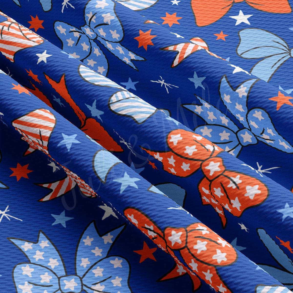 a blue background with red, white and blue bows