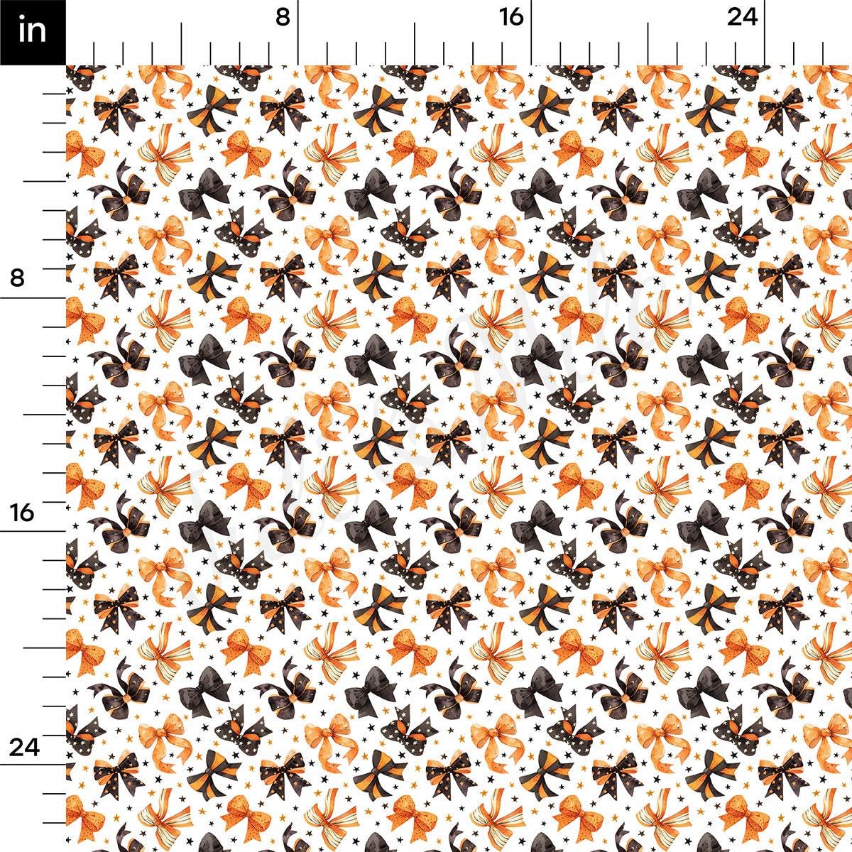 a repeating pattern of black and orange bows against a white background. The pattern consists of numerous bows of varying sizes and orientations, creating a visually striking and festive design.