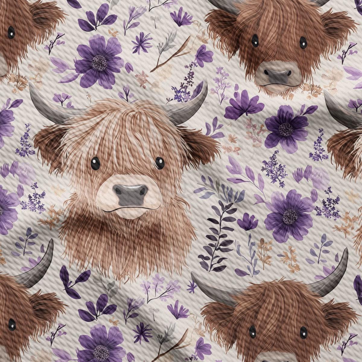 a repeating pattern of brown highland cow heads with large curved horns against a background of purple flowers and leaves.