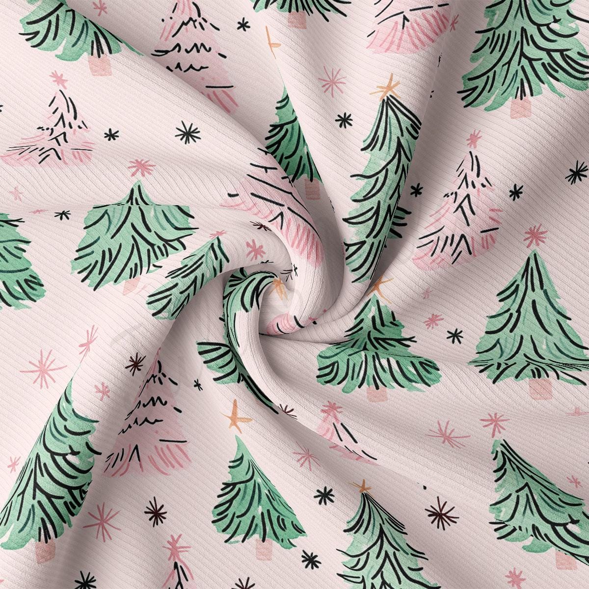 a close-up view of a fabric with a repeating pattern of stylized Christmas trees in shades of pink and green, along with small white stars scattered throughout the fabric.