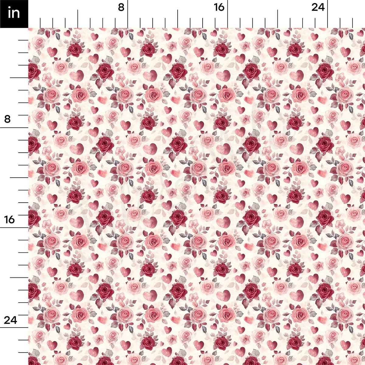 a repeating pattern of pink roses and hearts on a light beige background.