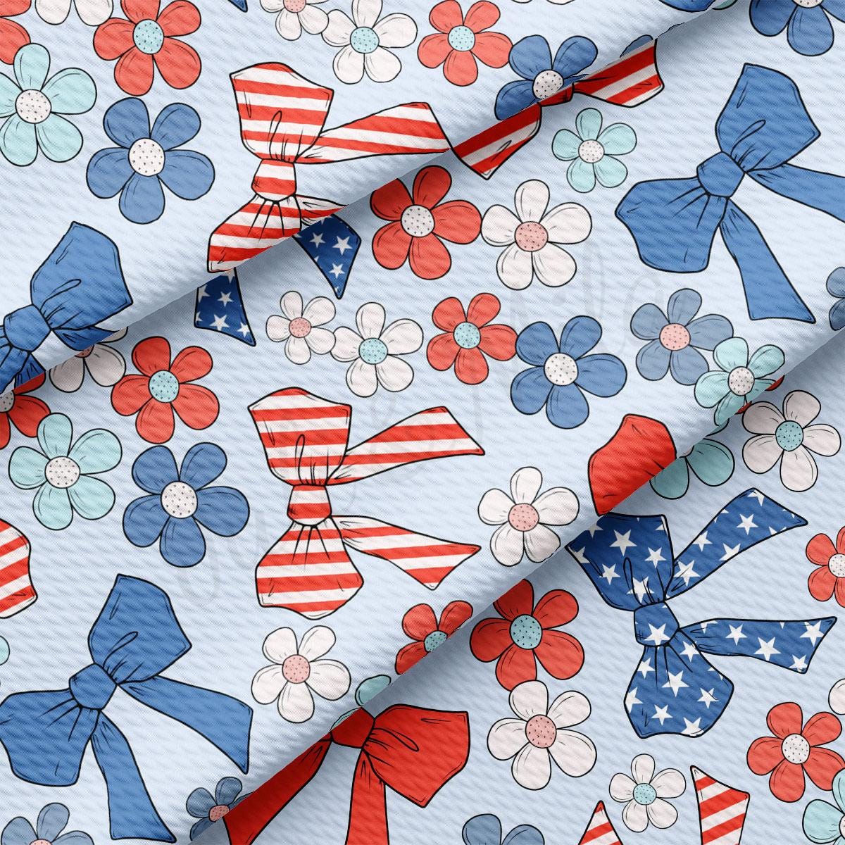 a blue background with red, white and blue bows
