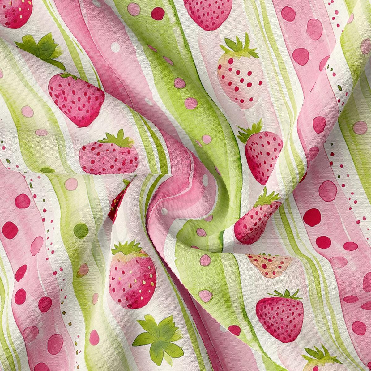 a pink and green fabric with strawberries on it