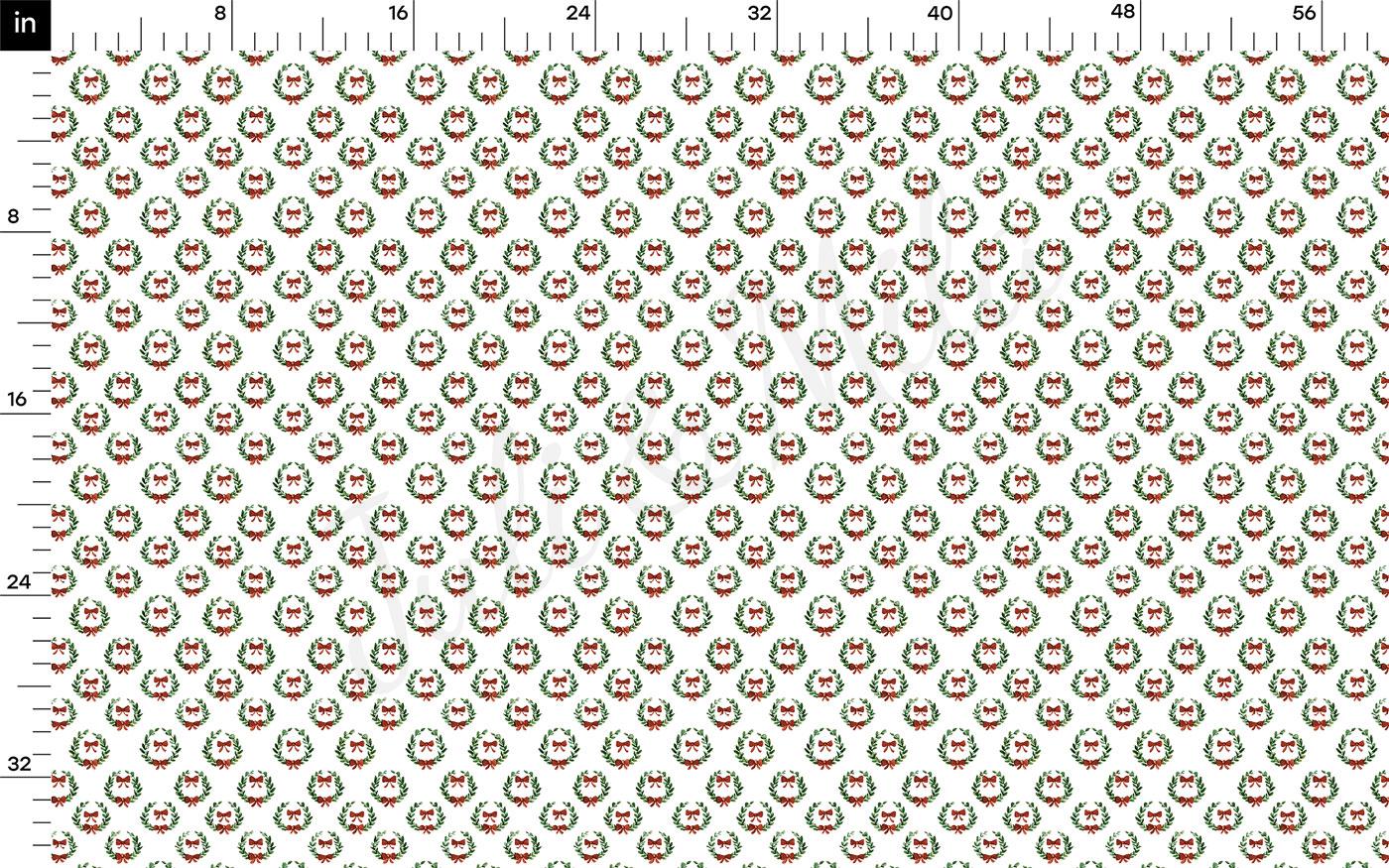 The image is a repeating pattern of Christmas wreaths in red and green colors.