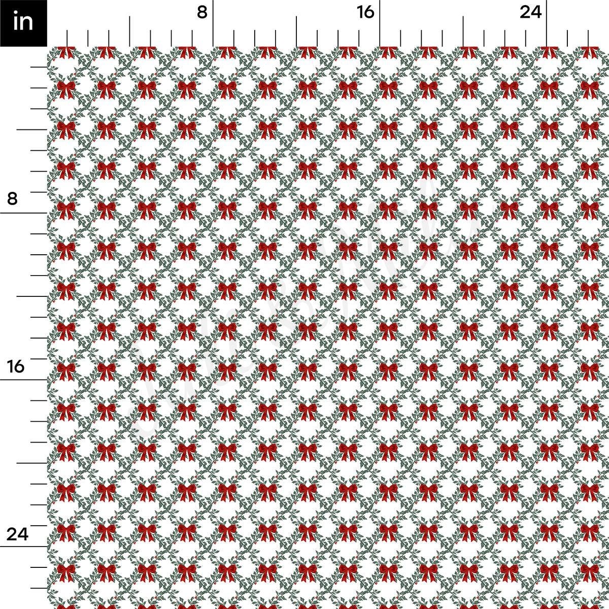 a repeating pattern of red and green Christmas-themed designs, including bows and other festive elements, arranged in a grid-like pattern.