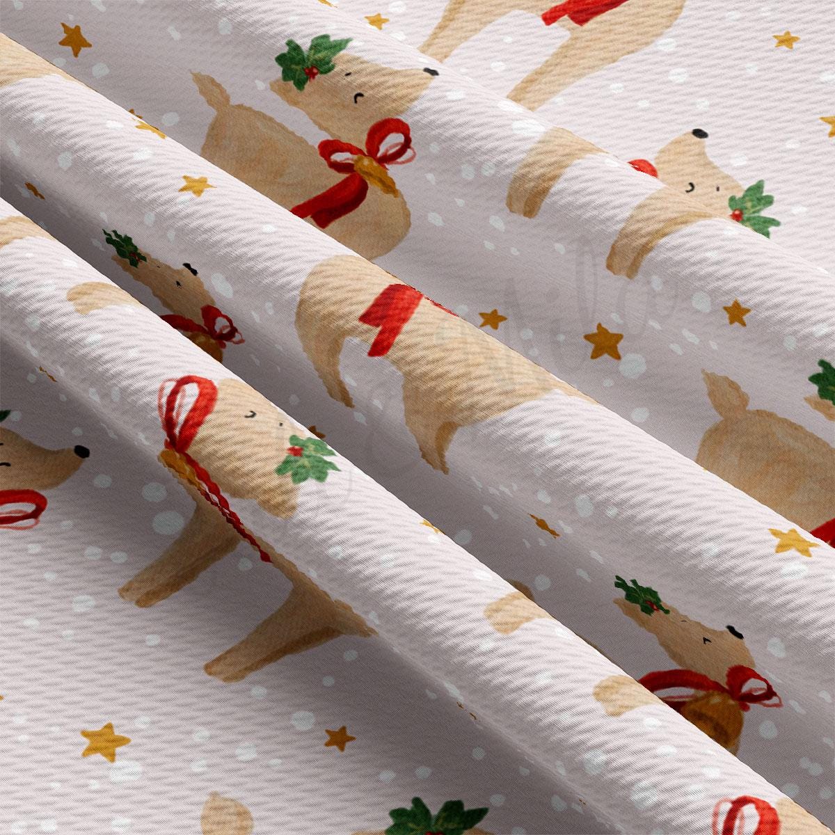 a close-up view of a fabric with a repeating pattern of brown reindeer wearing red bows and green leaves, set against a snowy background with white stars.