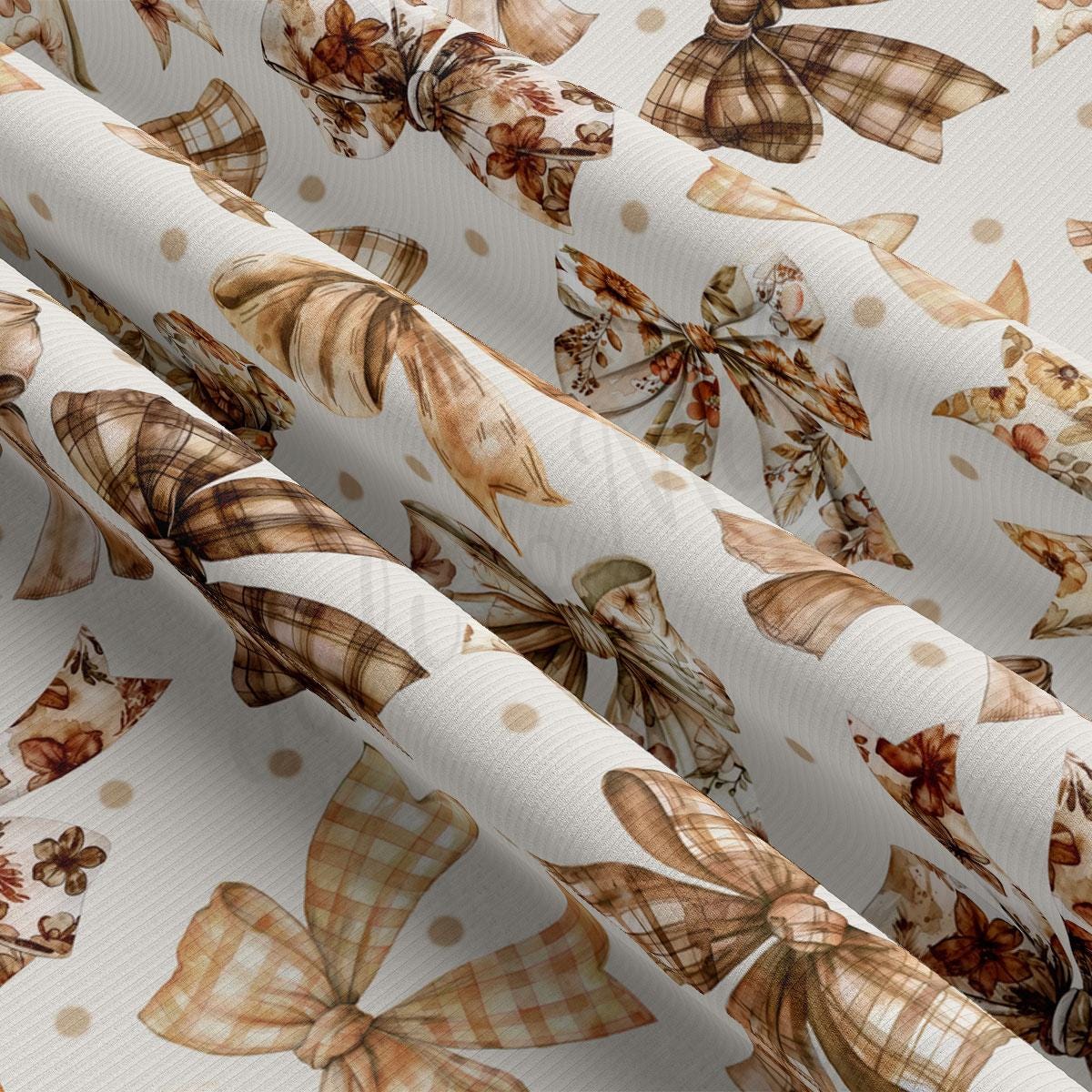a close-up view of a fabric with a repeating pattern of brown and white bows and flowers. The bows appear to be made of a soft, plaid-like material, and the flowers are depicted in a realistic style. The fabric has a textured appearance, with the bows and flowers creating a visually appealing and intricate design.