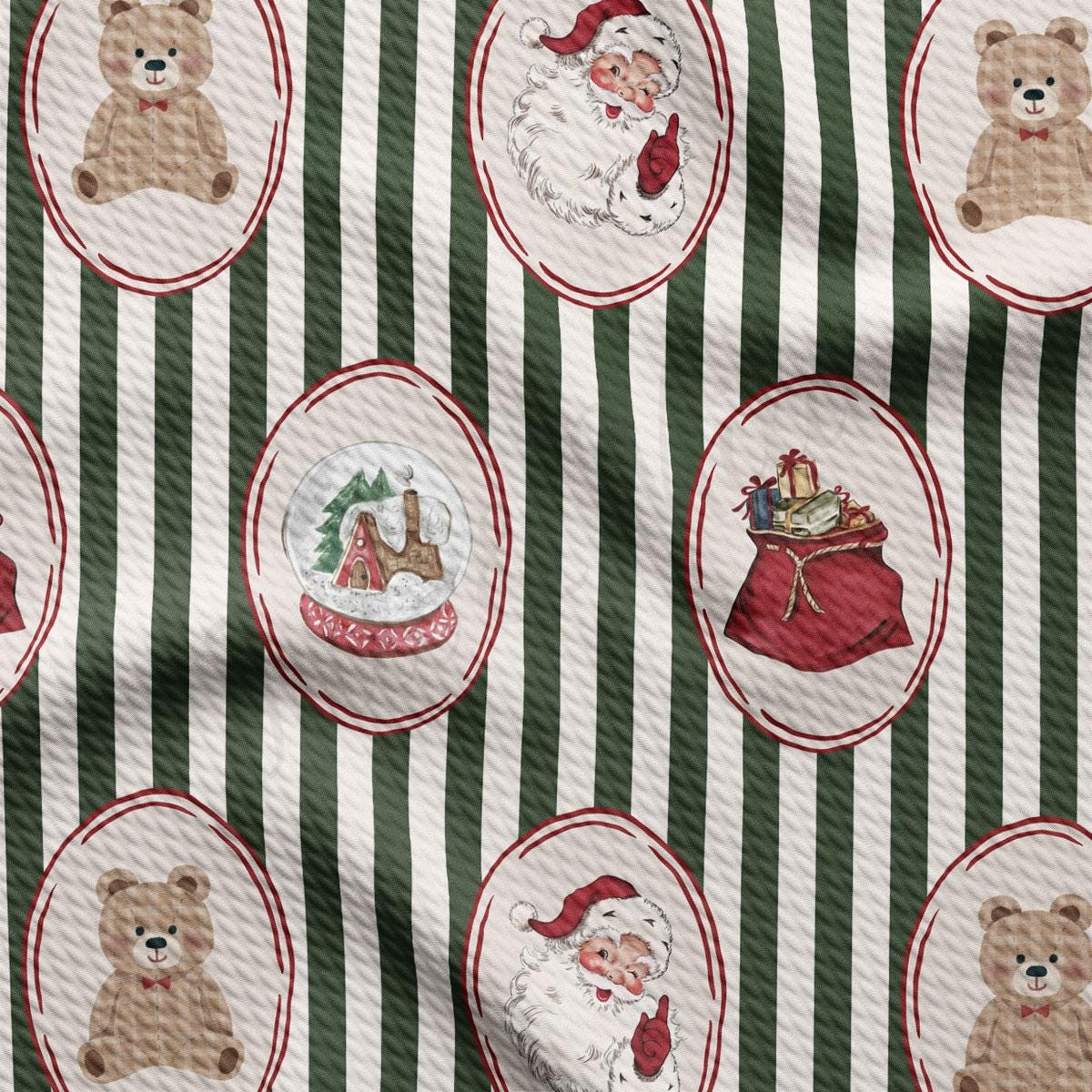 a repeating pattern of Christmas-themed illustrations, including teddy bears, Santa Claus, a snow globe, and a red sack.