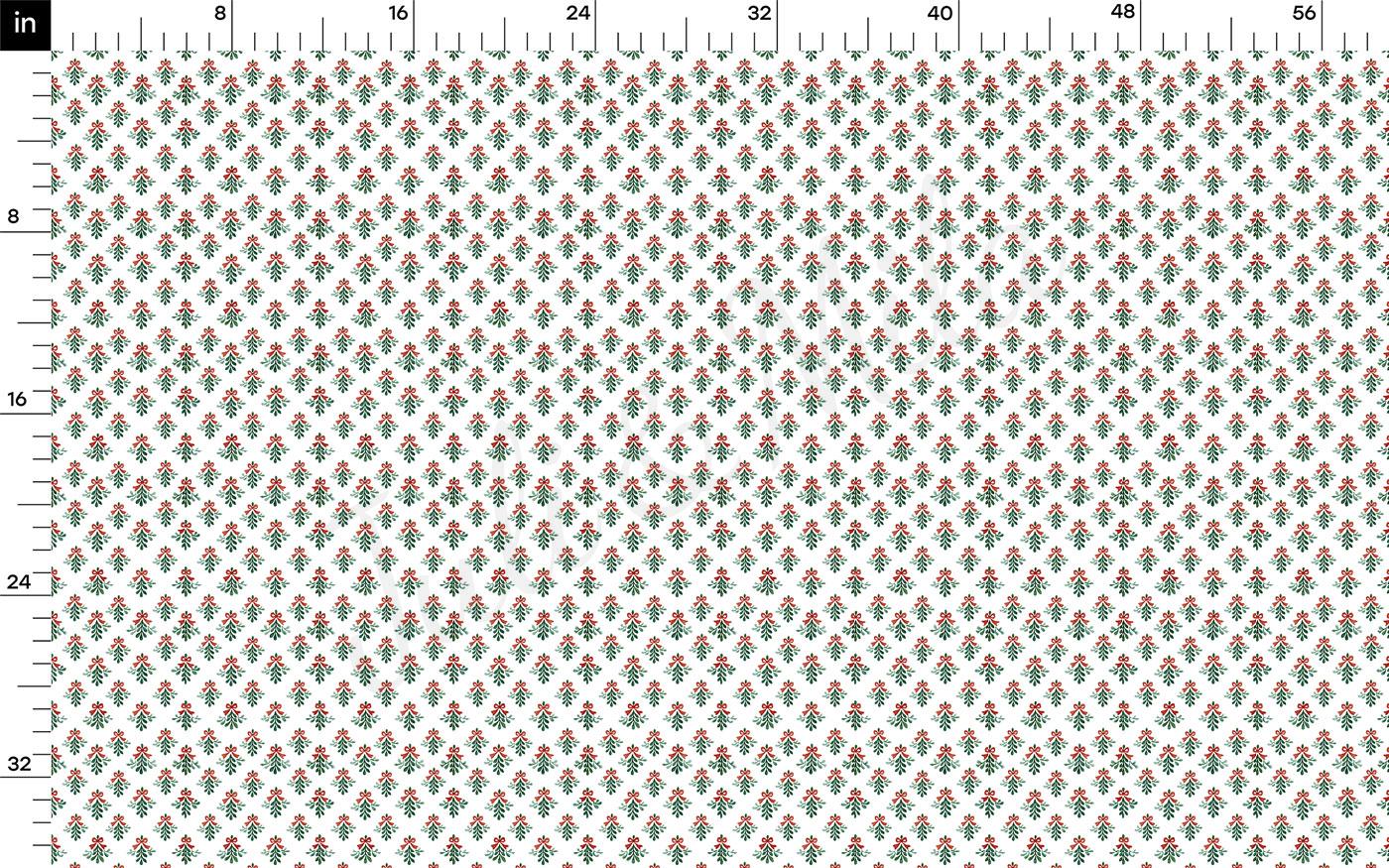 The image is a repeating pattern of small green and red flowers arranged in a grid-like fashion.