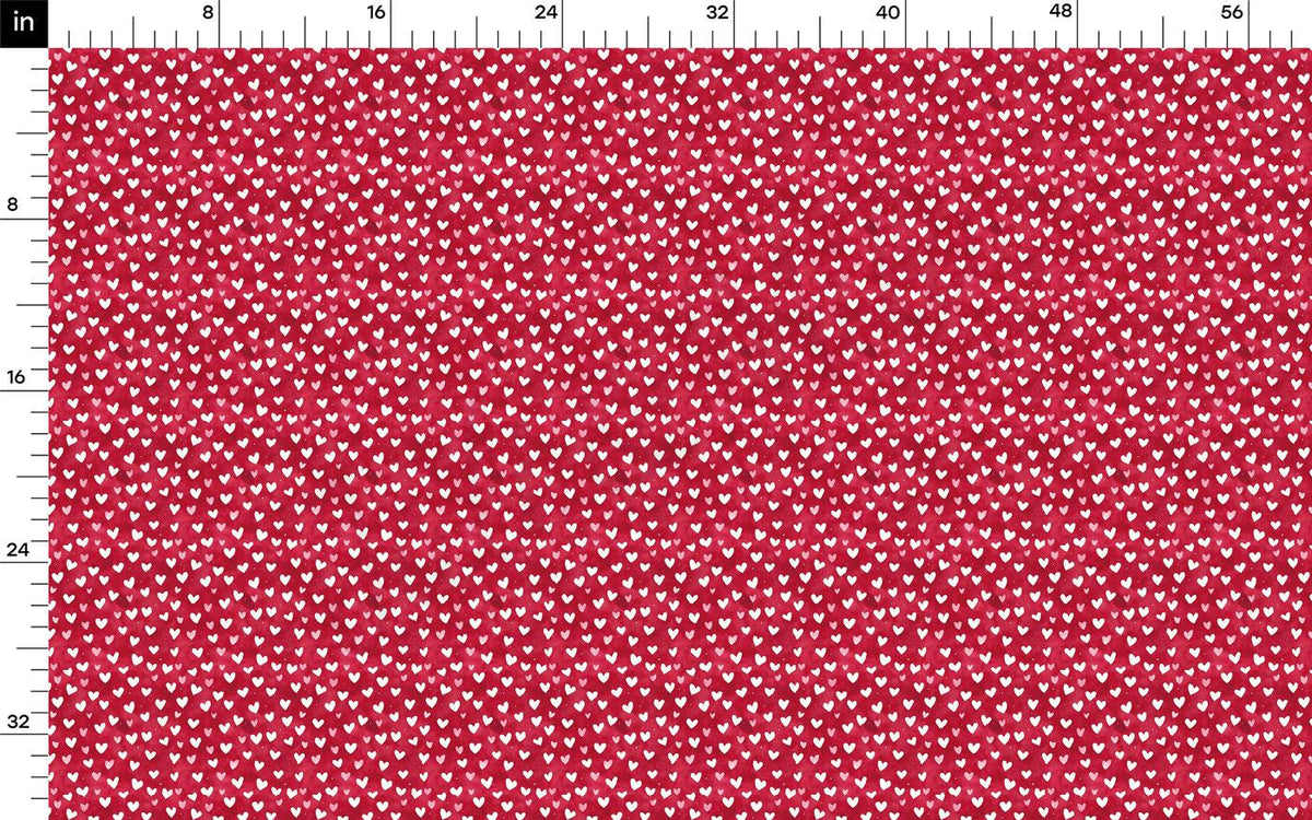 a red fabric with a pattern of small white hearts on it. The fabric appears to be a fabric with a repeating pattern of hearts, possibly used for sewing or other textile applications.