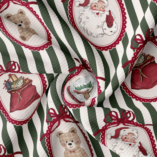 The image is a close-up of a fabric with a Christmas-themed design, featuring various holiday-related images such as Santa Claus, a teddy bear, a sack of presents, and a snowman.