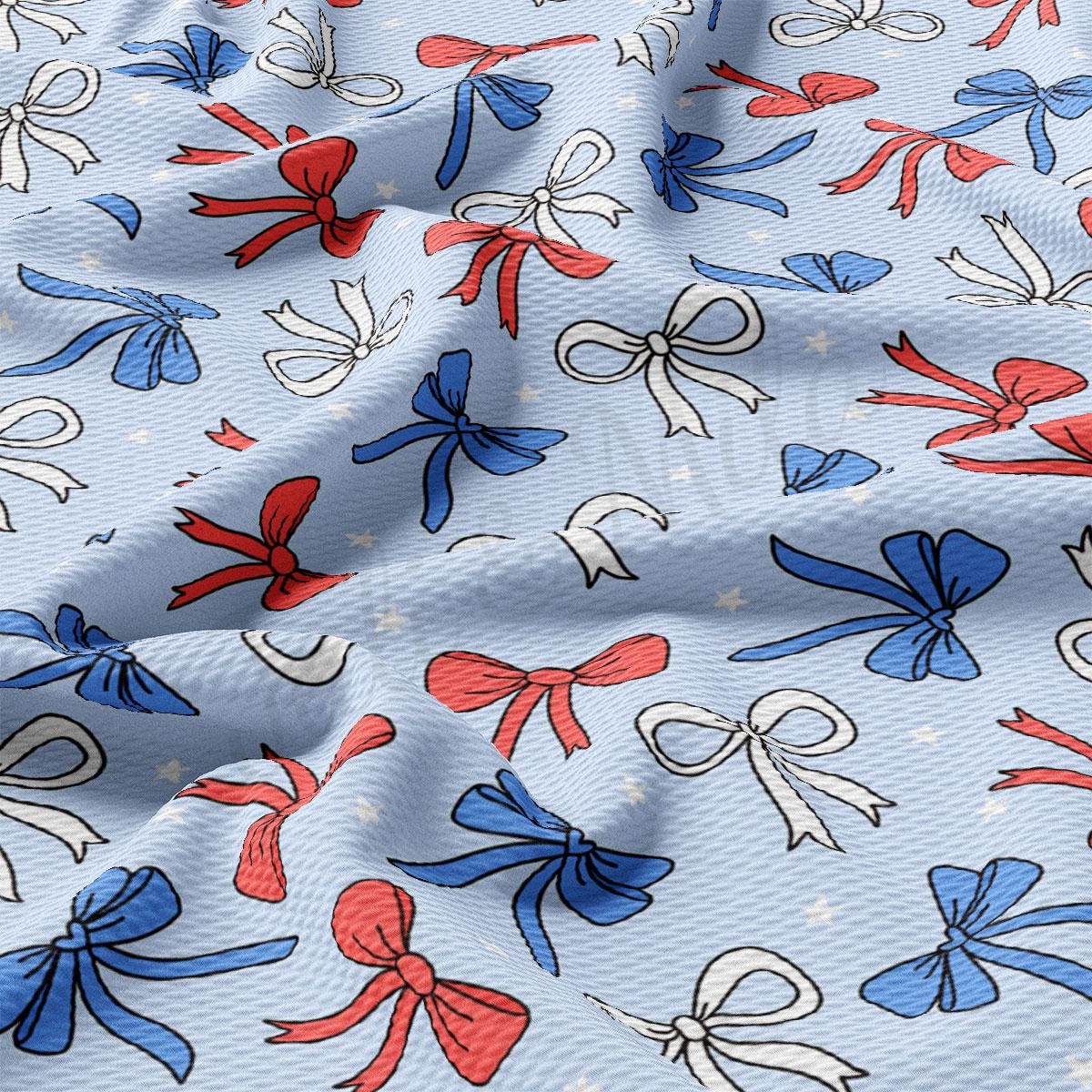 a blue background with red, white and blue bows