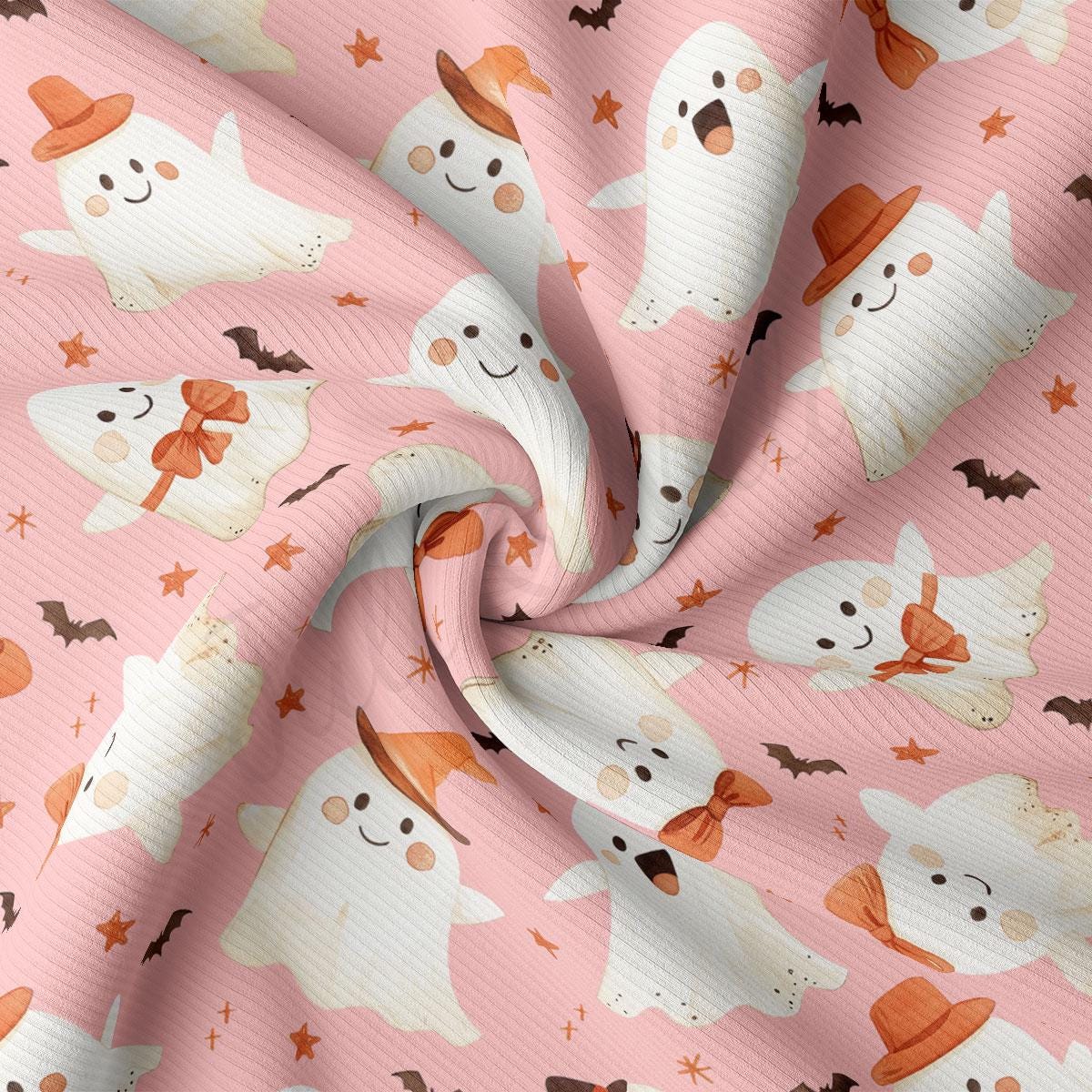 a repeating pattern of white ghost characters with orange hats and bow ties against a pink background, along with small orange bats and stars scattered throughout the pattern.