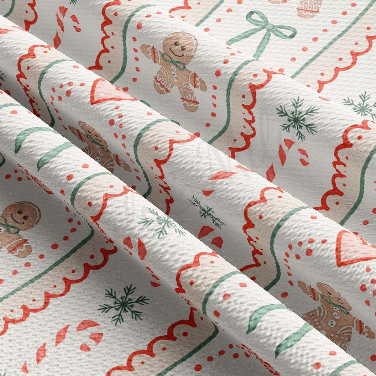 The image is a close-up view of a fabric with a repeating pattern of gingerbread men and snowflakes in red, green, and white colors.