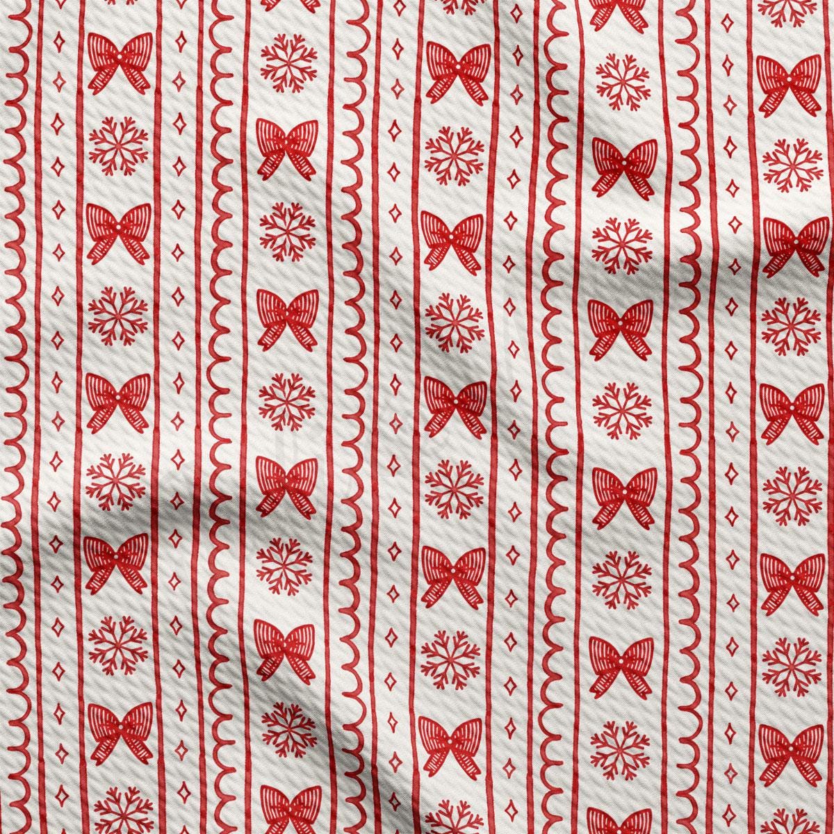 a repeating pattern of red bows and snowflakes on a white background.