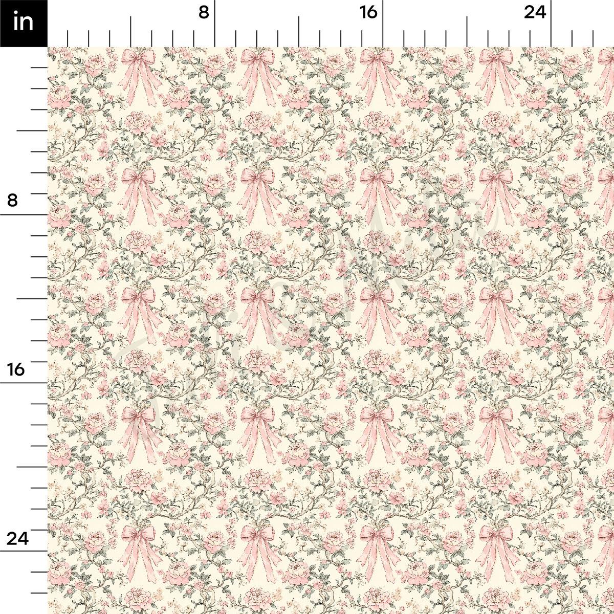 a repeating pattern of pink flowers with bows on a light beige background.