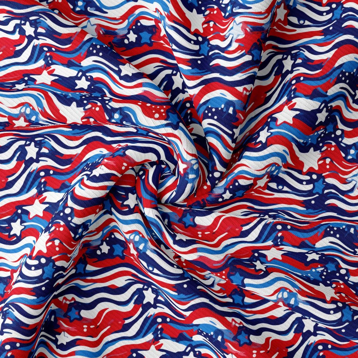 a red, white, and blue fabric with wavy lines