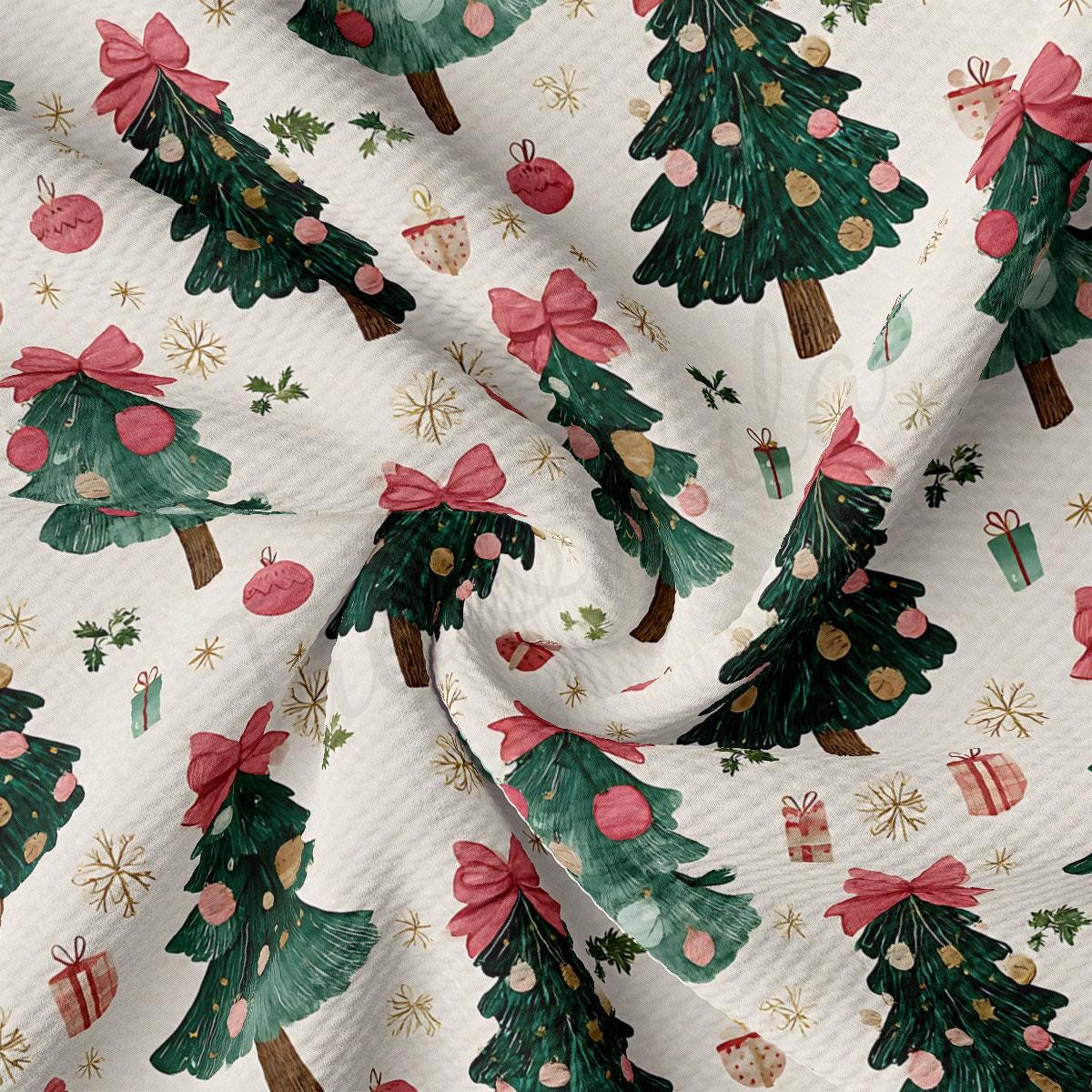 a repeating pattern of Christmas trees with bows, along with various Christmas-themed elements such as presents, ornaments, and snowflakes.