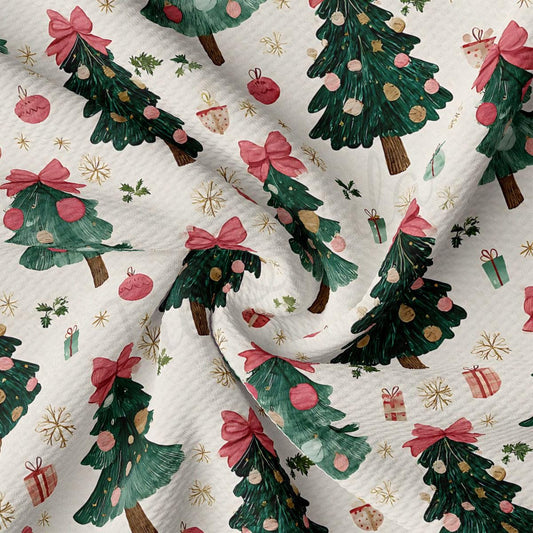 a repeating pattern of Christmas trees with bows, along with various Christmas-themed elements such as presents, ornaments, and snowflakes.