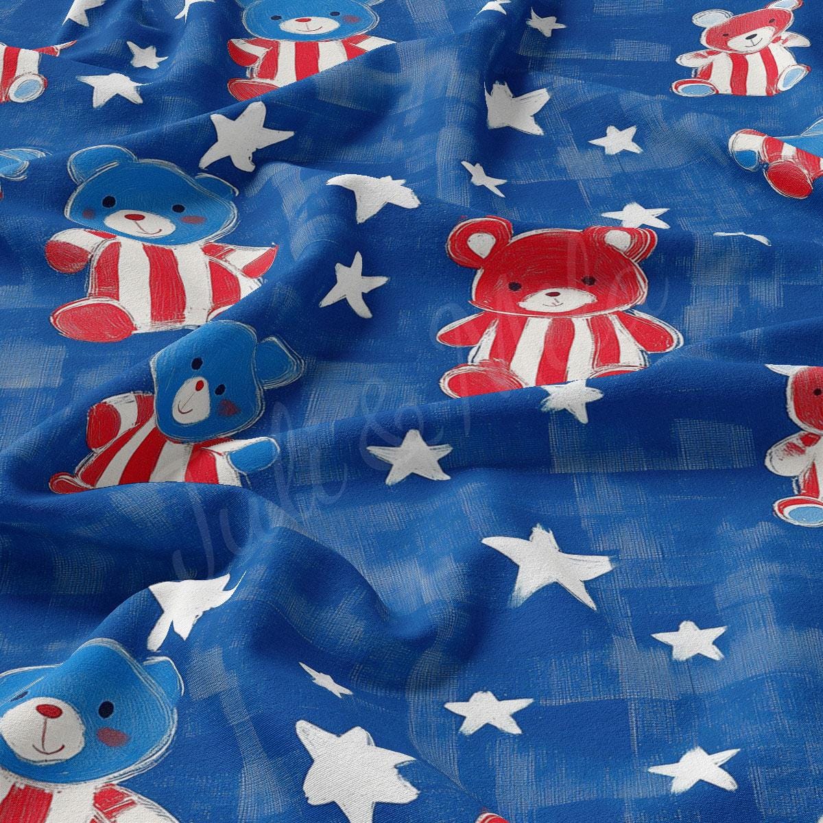 a blue fabric with red and white teddy bears on it