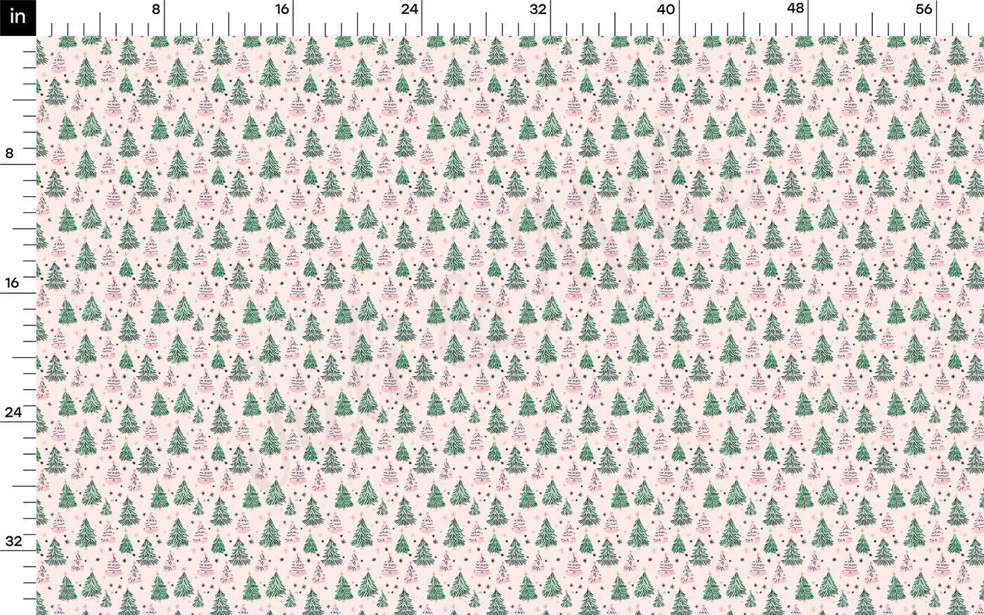 The image is a repeating pattern of green Christmas trees on a pink background.